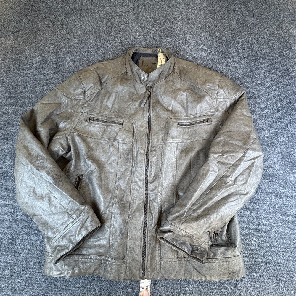 Calvin Klein Motorcycle Jacket Mens L Gray Faux Leather Mandarin Collar Full Zip
